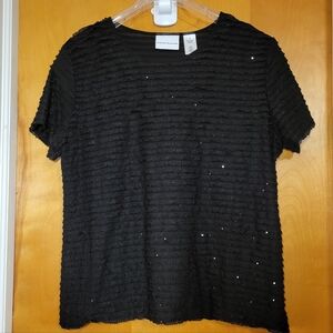 Black Short-Sleeve Top With Horizontal Ruffled Pleats And Sequins